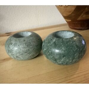 VTG Green Heavy Marble Stone Tea Light Candle Holders SET OF 2  Natural Organic